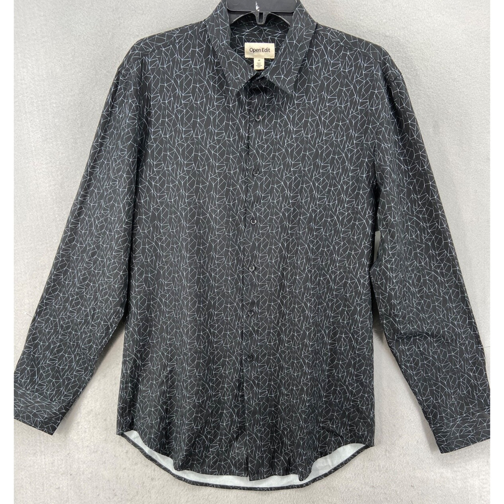 Open Edit Shirt Women’s‎ Sz M Black Blue Geometric Button Up Collar Career